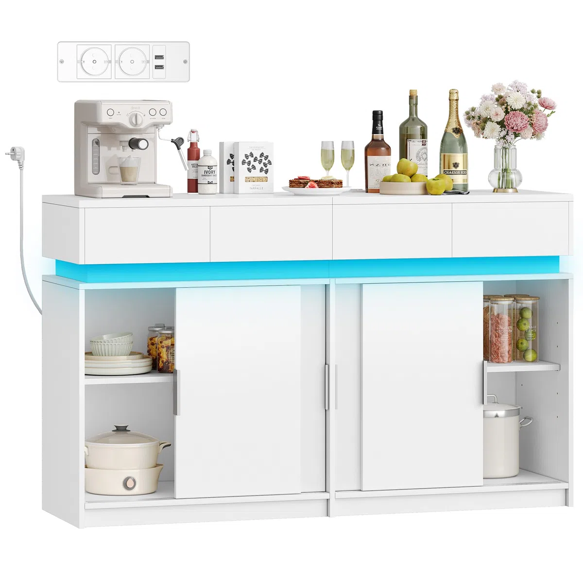 Hzuaneri Credenza Cucina, Mobile Cucina con 4 Cassetti, 4 Ante Scorrevoli, Presa Elettrica e Illuminazione a LED, Ripiani Regolabili, stile Moderno, per Cucina, Soggiorno, 40 x 140 x 85 cm, Bianco