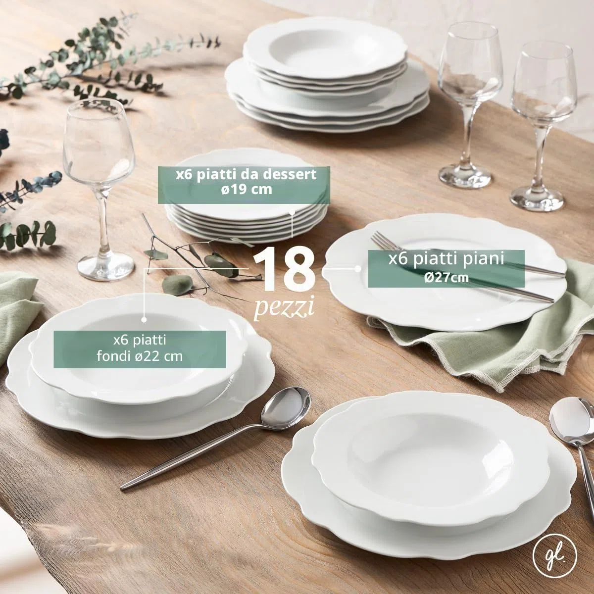 Geneviève Lethu 545865 - Servizio da tavola in porcellana bianca, 18 pezzi, per 6 persone, piatti piani, piatti fondi, piatti da dessert, collezione Vienna alla forma smerlata