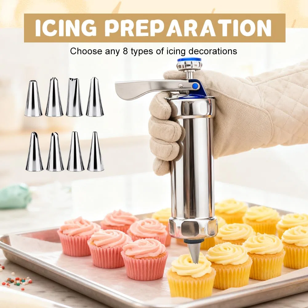 Pressa per biscotti a spruzzo, in acciaio inox, con 20 stencil e 8 beccucci in acciaio inox, macchina per biscotti, pressa per biscotti, pressa per biscotti per torte, dessert fai da te