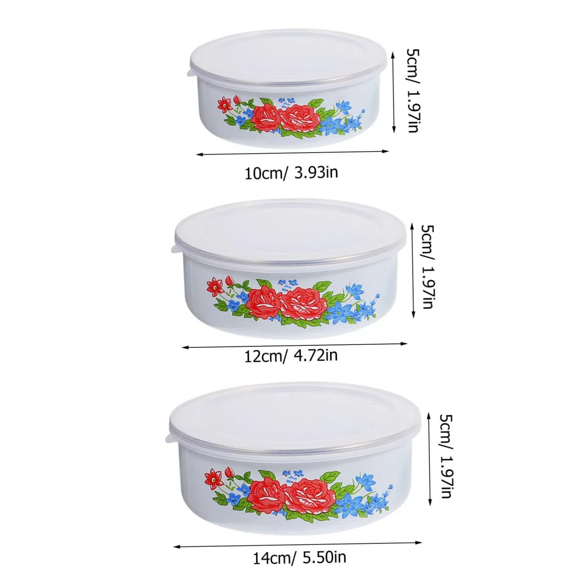 Hemobllo Set Di 3 Ciotole Smaltate Coperchio e Motivo Floreale Casuale, Contenitori Cucina Versatili Per Frutta, Insalate e Zuppe, Per Casa e Ufficio