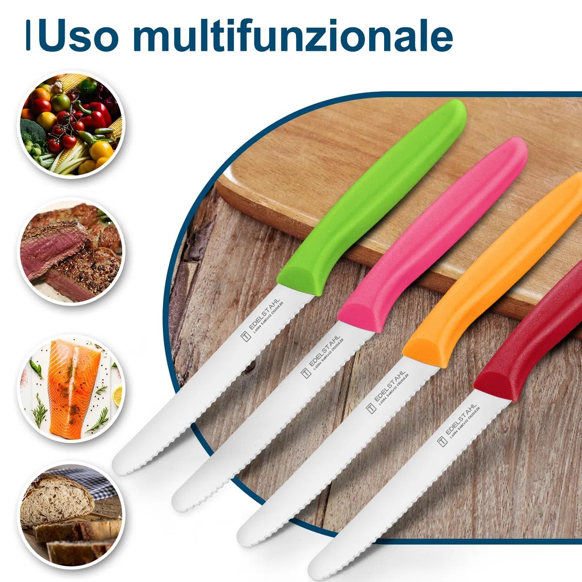Coltelli Da Tavola, Set Di 6 Pezzi, 21.7CM, Coltelli Tascabili In Acciaio Inossidabile, Coltello Pane, Coltelli Da Tavola Con Bordo Seghettato, Coltelli Affilati, Colorati