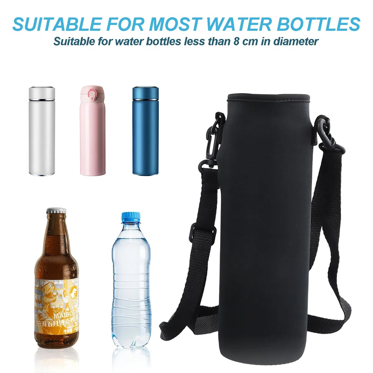 2Pcs Custodia per Bottiglia in Neoprene 8x22cm, Protezione per Bottiglia D'acqua, Portatili Porta Borraccia Termica custodia Antiscottatura Custodia con Tracolla Regolabile per Sport Viaggi (Nero)