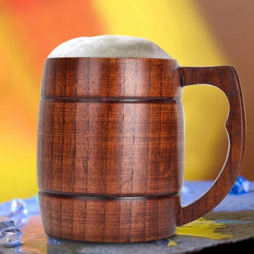 Agatige Grande Boccale Di Birra in Legno, Marrone a Forma Di Barile Retrò Tazza Da Bere Boccale Da Tè Vichingo Boccale Birra Boccale Medievale Con Manico per Uomini Donne Casa Bar Festa, 8,5 X 14 Cm