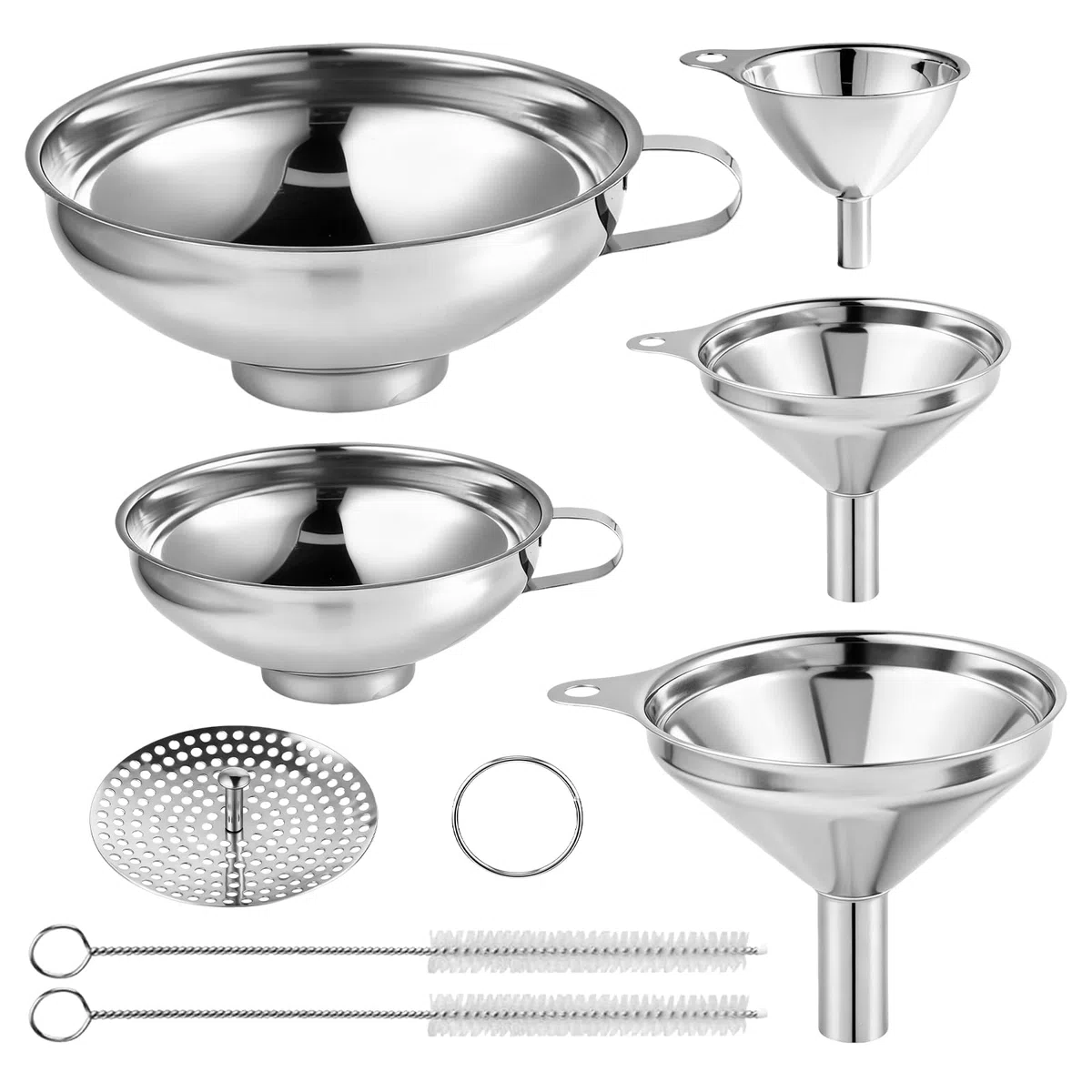Set di 5 Imbuti in Acciaio Inox da Cucina - Imbuto per Marmellata e Imbuti Piccoli e Impilabili, con 2 Spazzole e Filtro in Acciaio inox, Filtro Riutilizzabile per Filtraggio, Succo, Vino e Olio