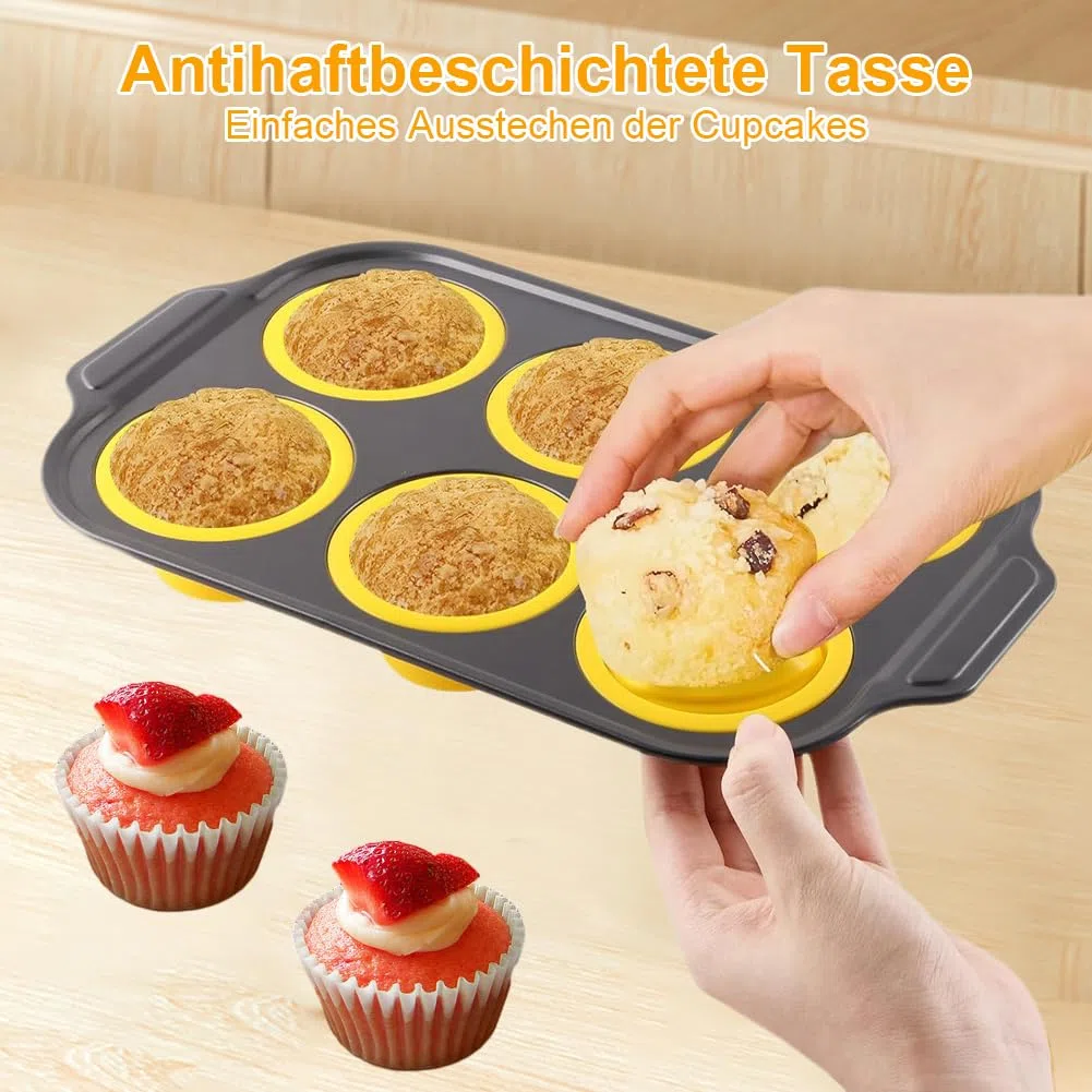 FOGARI 2 mini teglia per muffin, in acciaio al carbonio, 31 x 18 cm, rivestita, per 12 muffin, per tazze di carta, muffin (rosso e giallo)
