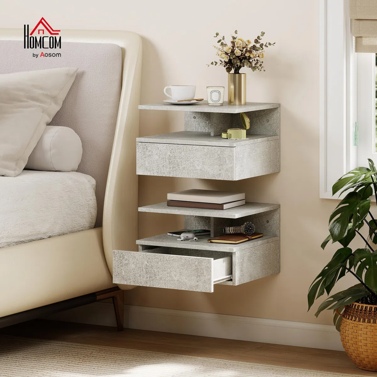 HOMCOM Set di 2 Comodini Camera da Letto Sospesi con Cassetto e Scomparto Aperto, Coppia di Comodini Moderno in Legno, Tavolini per Divano, Soggiorno, Salotto e Camera, 35x32x22.5 cm, Grigio Cemento