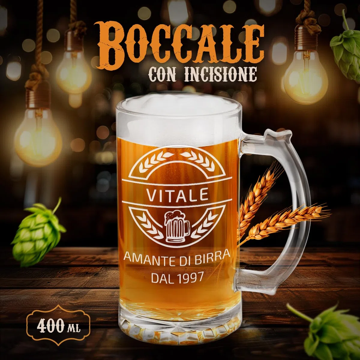 Maverton Boccale birra personalizzato con incisione - Regalo uomo compleanno - Bicchieri birra con manico 400 ml - Vetro di alta qualità altezza 15 cm - Idee regalo uomo per ogni occasione