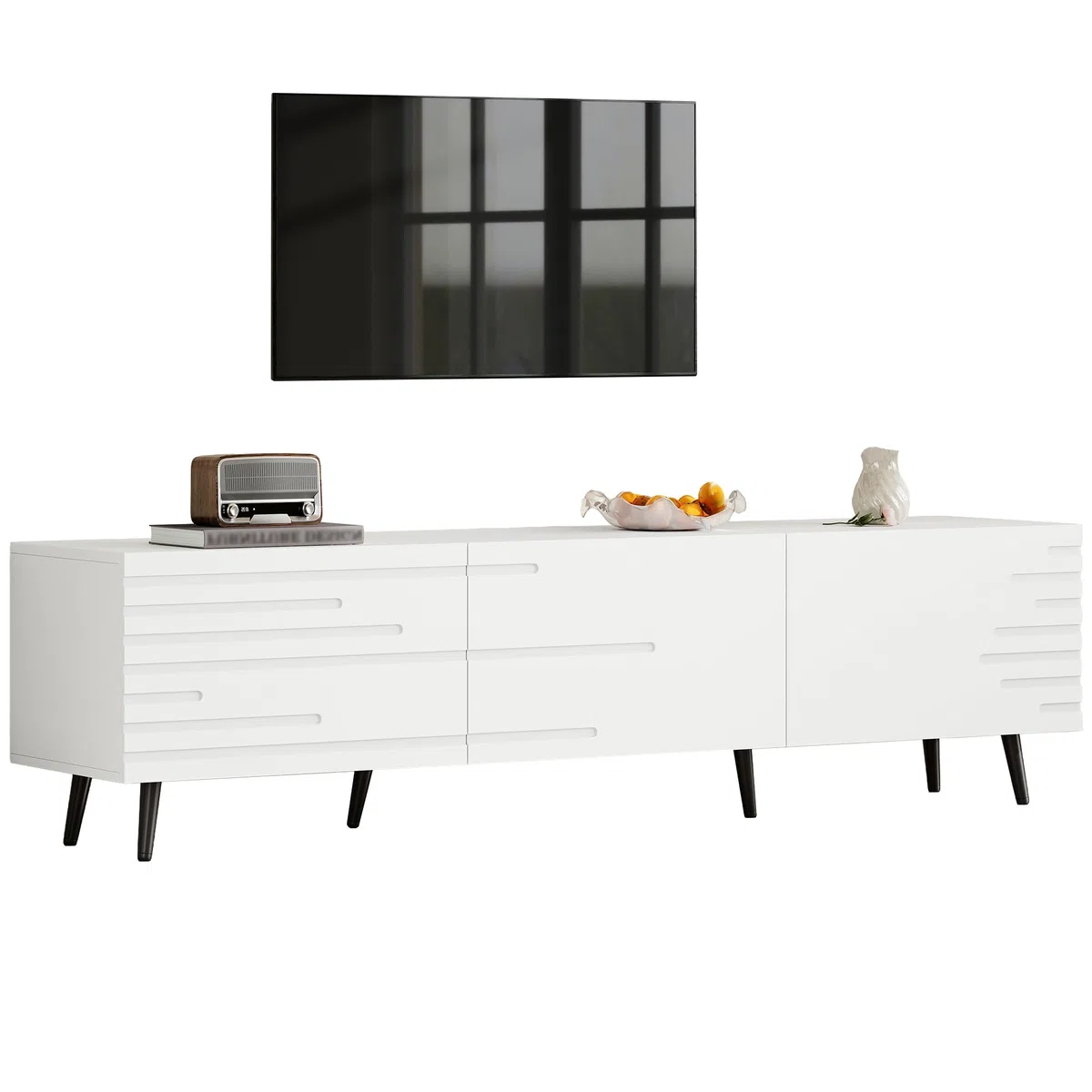 Mobile TV grande 180 x 40 x 48 cm, con 3 ante a battente, design stampato, bianco, adatto per televisori da 80", grande capienza, materiale MDF.