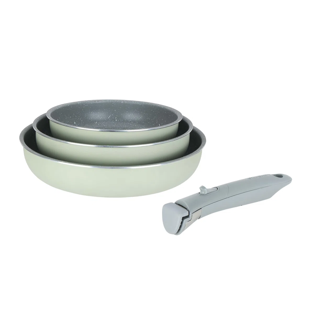 Sitram 716940 - Set di 3 padelle in alluminio, serie FAMILY, Ø 20,24,28 cm, rivestimento antiaderente in ceramica effetto pietra, colore verde, manico rimovibile SITRAMOVIble, tutte le luci incluse