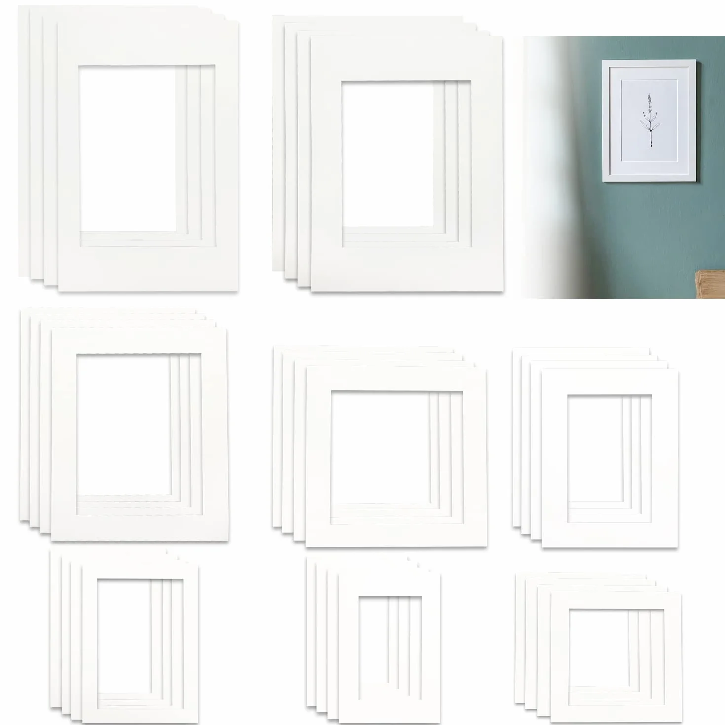 32 Pezzi Passepartout per Cornici Frame Cartoncino,8 Dimensioni Passepartout Cornici Portafoto in Carta per Poster, Foto, Dipinti, Lavori Fotografici(Bianco Ghiaccio, Bianco Spento)