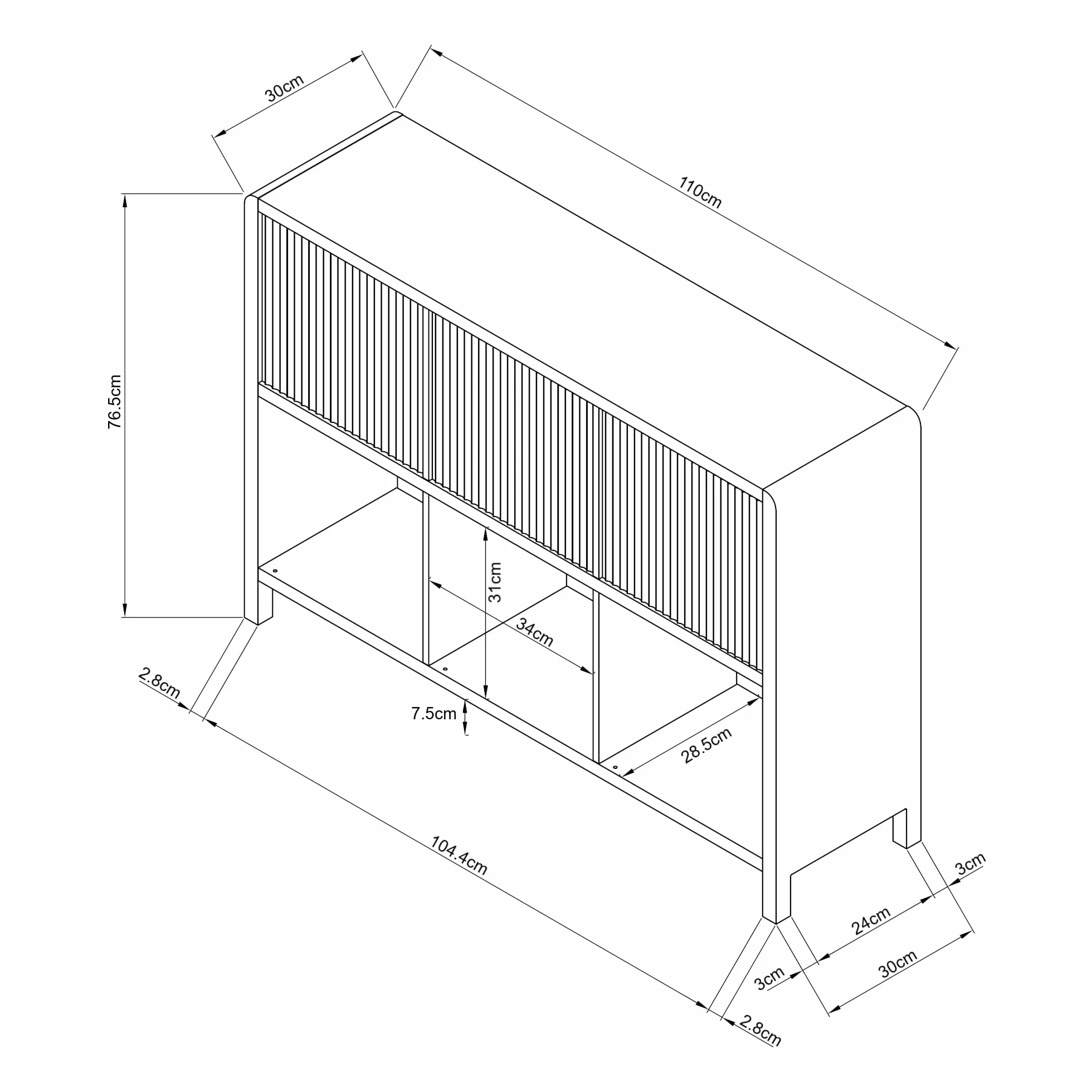 [en.casa] Credenza Bassa Mobile Contenitore con 3 Ante Decorative Push to Open e Scomparti Aperti Sideboard per Soggiorno Corridoio Studio 77x110x30 cm Effetto Noce
