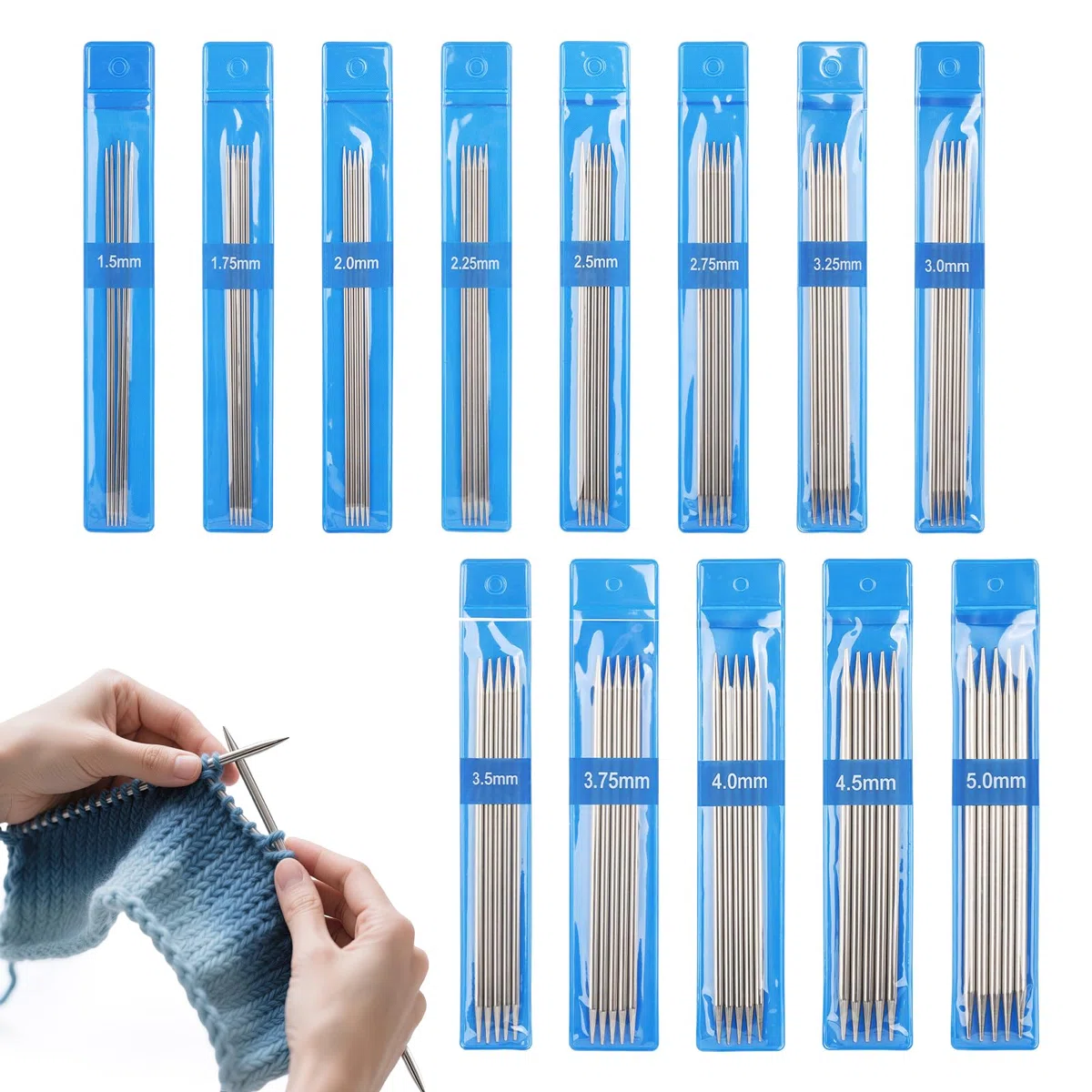 Coopay Set di ferri da maglia a doppia punta in acciaio inossidabile, 13 parr, 65 pezzi ferri da maglia corti e dritti da 15 cm per calzini e piccoli progetti, 1,5 mm - 5,0 mm