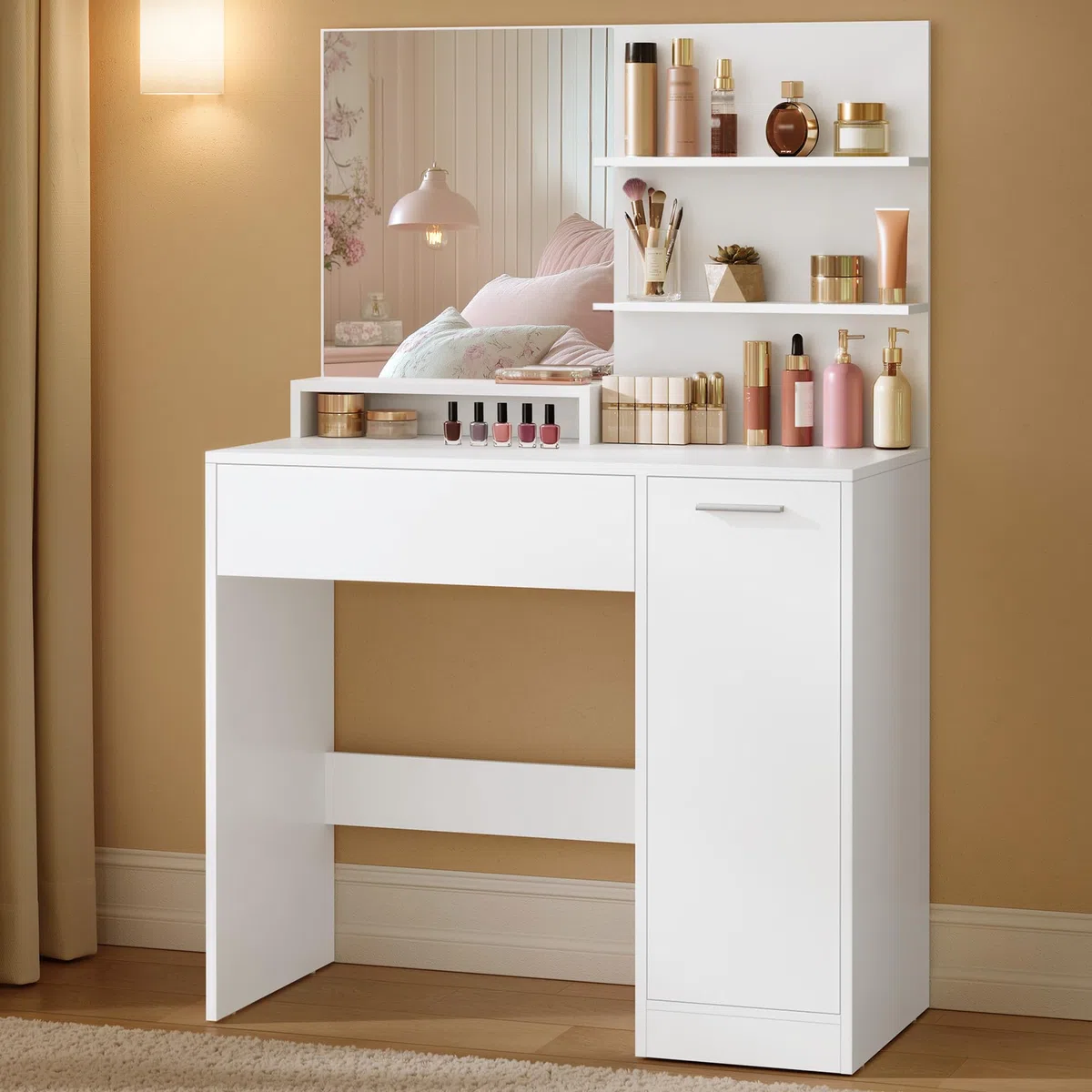 VASAGLE KAILYN Collezione - Toeletta, Tavolo da Trucco con Specchio Grande, Scomparto con 2 Ripiani Regolabili, 1 Cassetto, 2 Mensole, Postazione Trucco Moderna, Bianco RDT119W01