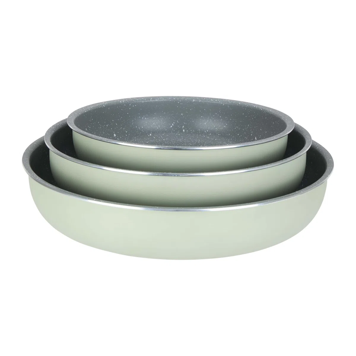 Sitram 716940 - Set di 3 padelle in alluminio, serie FAMILY, Ø 20,24,28 cm, rivestimento antiaderente in ceramica effetto pietra, colore verde, manico rimovibile SITRAMOVIble, tutte le luci incluse
