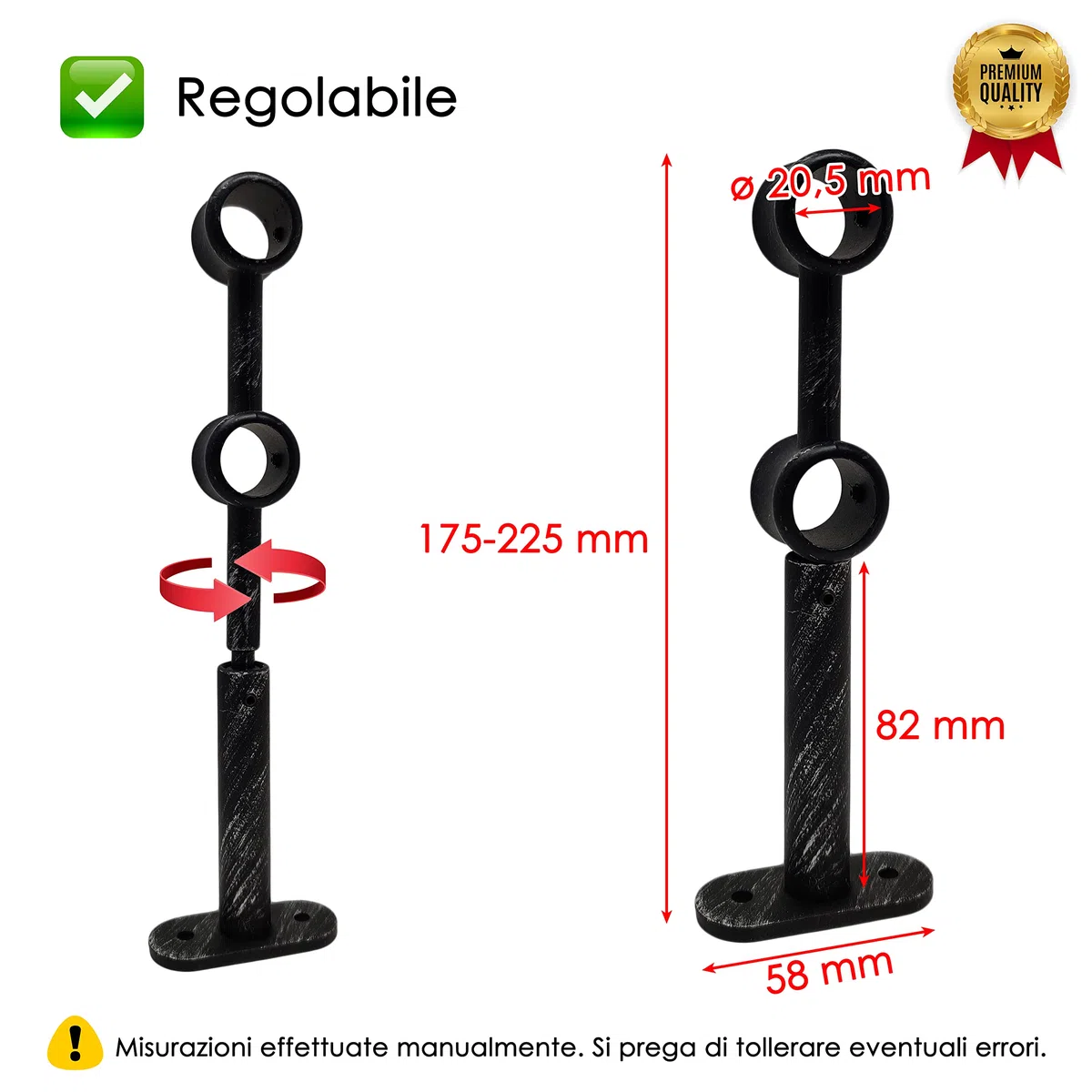 GIRASOLE HOME Staffa Regolabile Doppia 175mm per 2 Aste 2 Pezzi in Lega di Zinco Resistente per Bastoni dal Diametro di 18-20 mm (Nero e Argento)