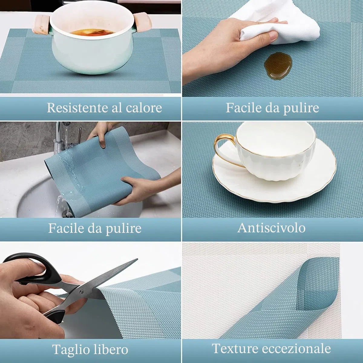 Tovagliette Americana Plastica Lavabili,Facile Pulizia PVC Tovagliette Colazione,Antiscivolo,Antimacchia,Resistenti al Calore,per Cucina Hotels Ristorante Set di 6 (Blu)