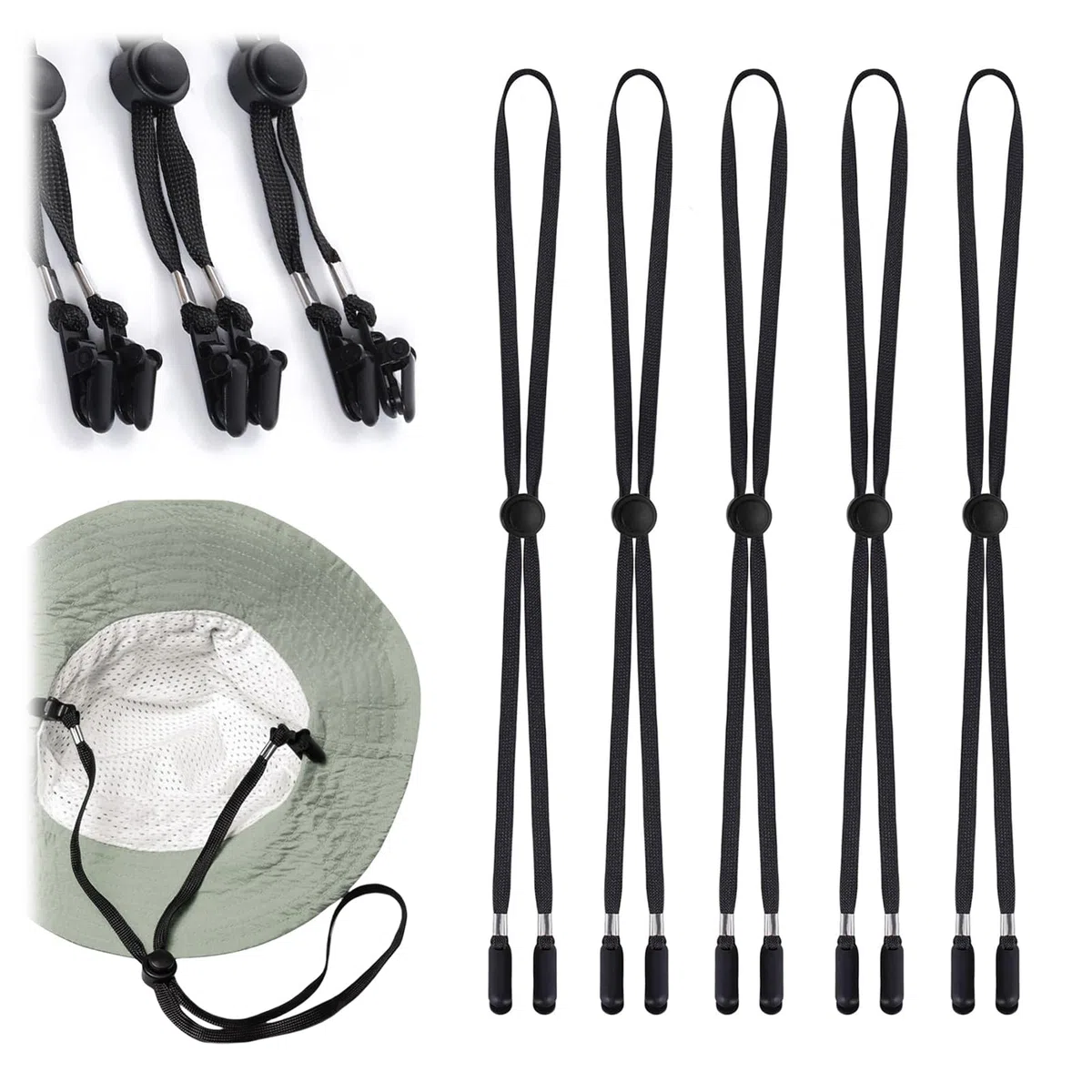 Calkrer 5 pezzi clip per cappelli regolabili, cappelli elastici con sottogola rimovibile; clip per cappelli per vento, corda per cappelli da corsa.