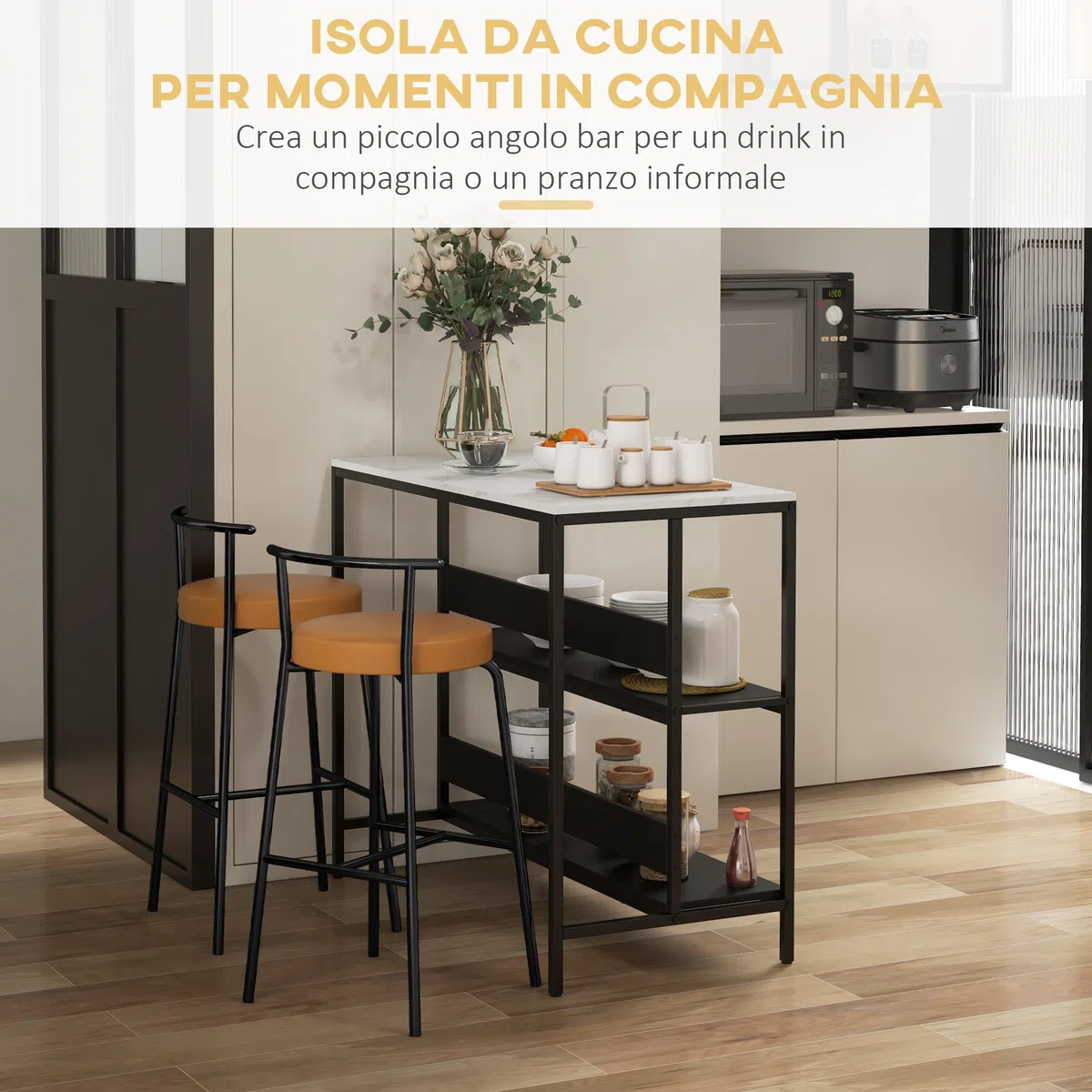HOMCOM Isola da Cucina Bancone Bar con Ripiani, Scaffale da Cucina con Piano Effetto Marmo e Struttura in Metallo, 100x50x90cm, Nero e Bianco
