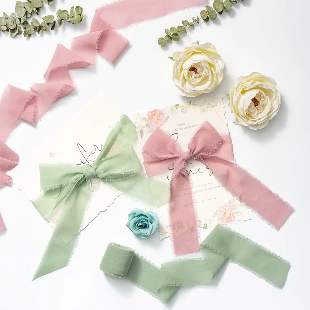 MORSUNBELA Nastro in Chiffon Rosa Antico, Nastro in Chiffon, 3,8 cm, con Frange, 19,2 m