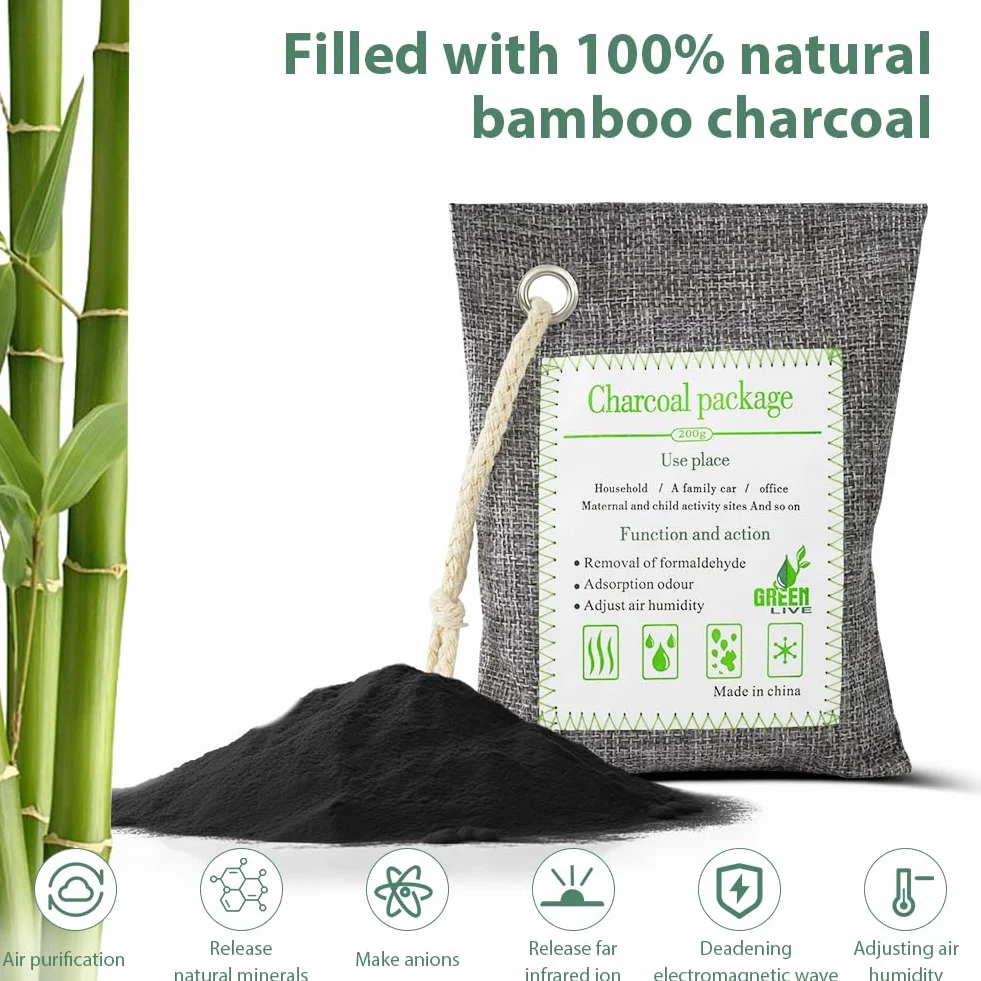 HOTUT Sacchetti di Carbone di Bambù per La Purificazione Dell'aria, 4 Confezioni da 200g Sacchetto Deodorante Naturale, Elimina Gli Odori al Carbone Attivo per Auto, Armadi, Bagni e Aree Animali