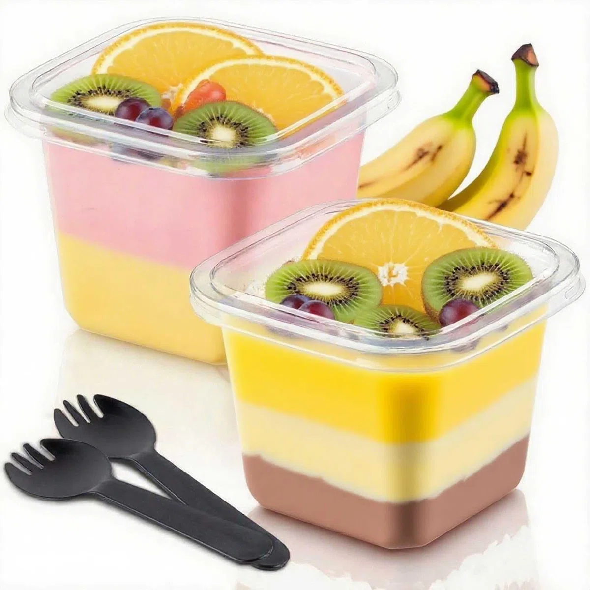 Coppette da dessert quadrate, riutilizzabili, 360 ml, 50 pezzi con coperchio e cucchiai neri, trasparenti, moderne, adatte per uso commerciale e domestico