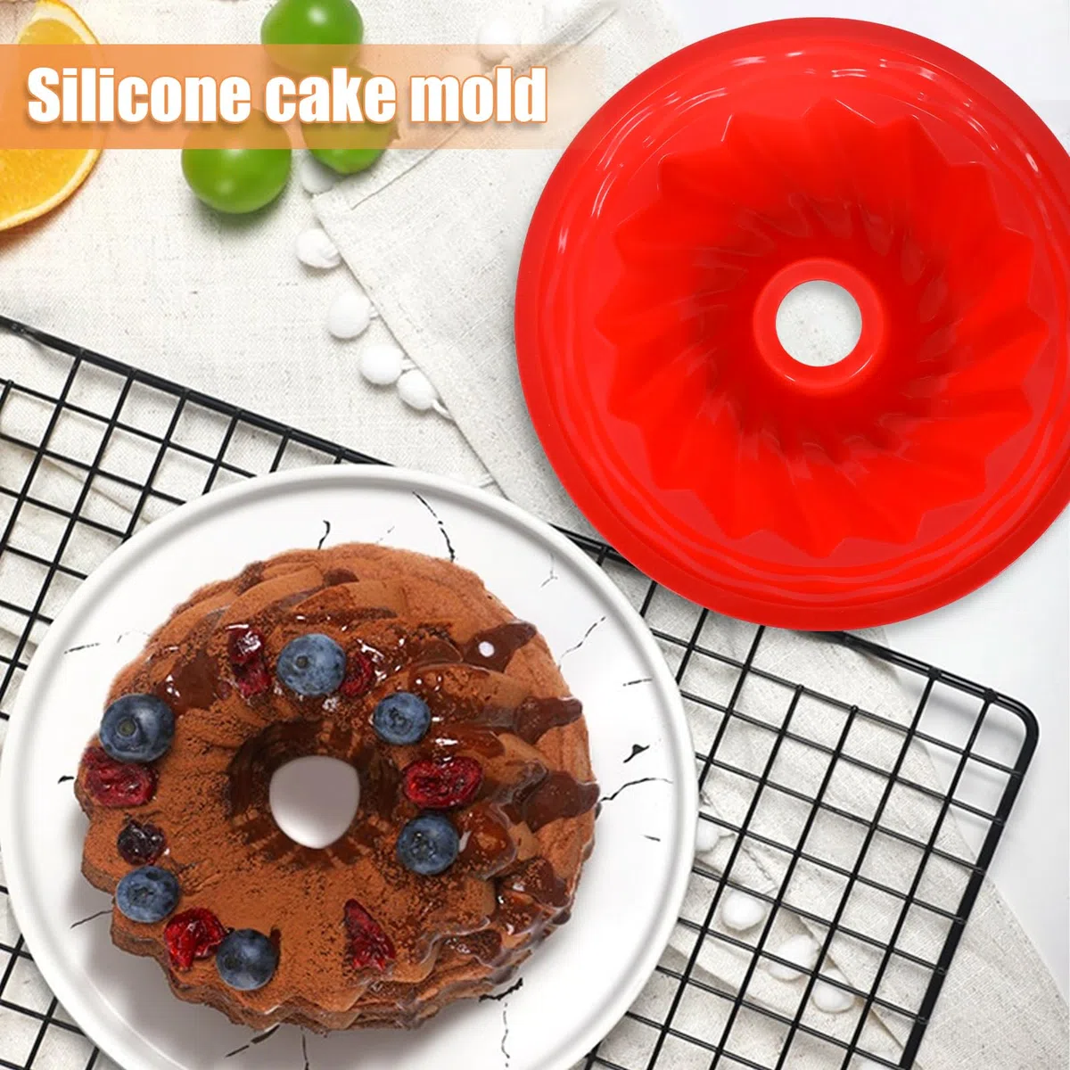 Stampo per ciambella 23 cm in silicone antiaderente resistente alle temperature per dolci (rosso)