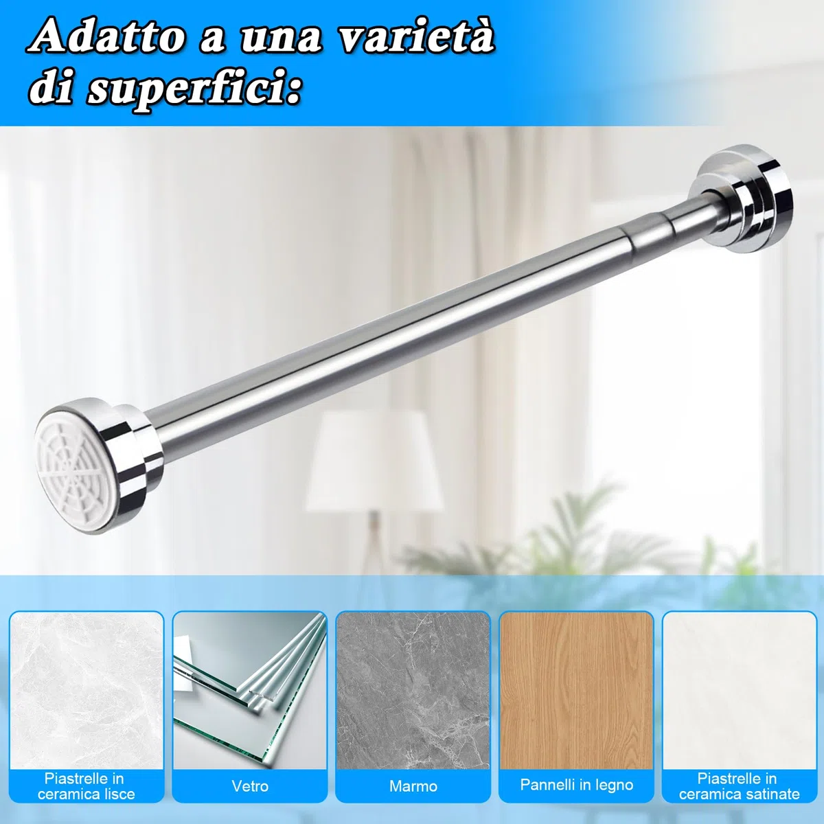 Bastone Telescopico Estensibile in Acciaio Inox, 66-200 cm, Bastoni Tende per Interni, Antiruggine e Antiscivolo, Senza Fori, Asta Doccia per Bagno, Guardaroba, Finestra