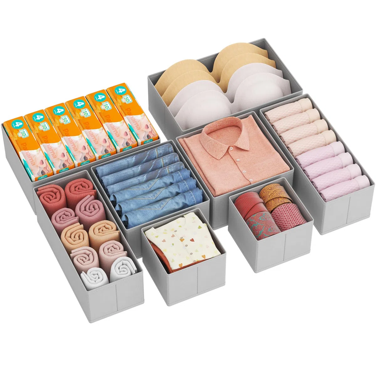 Lifewit 8 Pezzi Organizer Cassetti, Divisori per Cassetti in Tessuto, Organizer Armadio, Scatole Portaoggetti Pieghevole per Abiti, Separatori per Cassetti per Calzini, Cravatte, Cinture,Grigio Chiaro