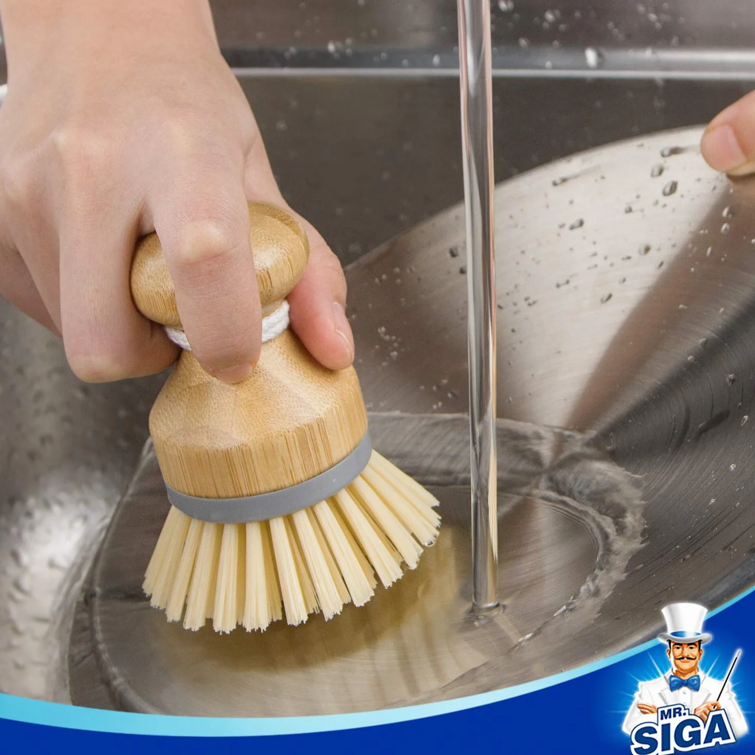 MR.SIGA Bamboo Palm Brush, Scrub Brush for Dish Pans Pins Kitchen Sink Cleaning, Confezione da 2