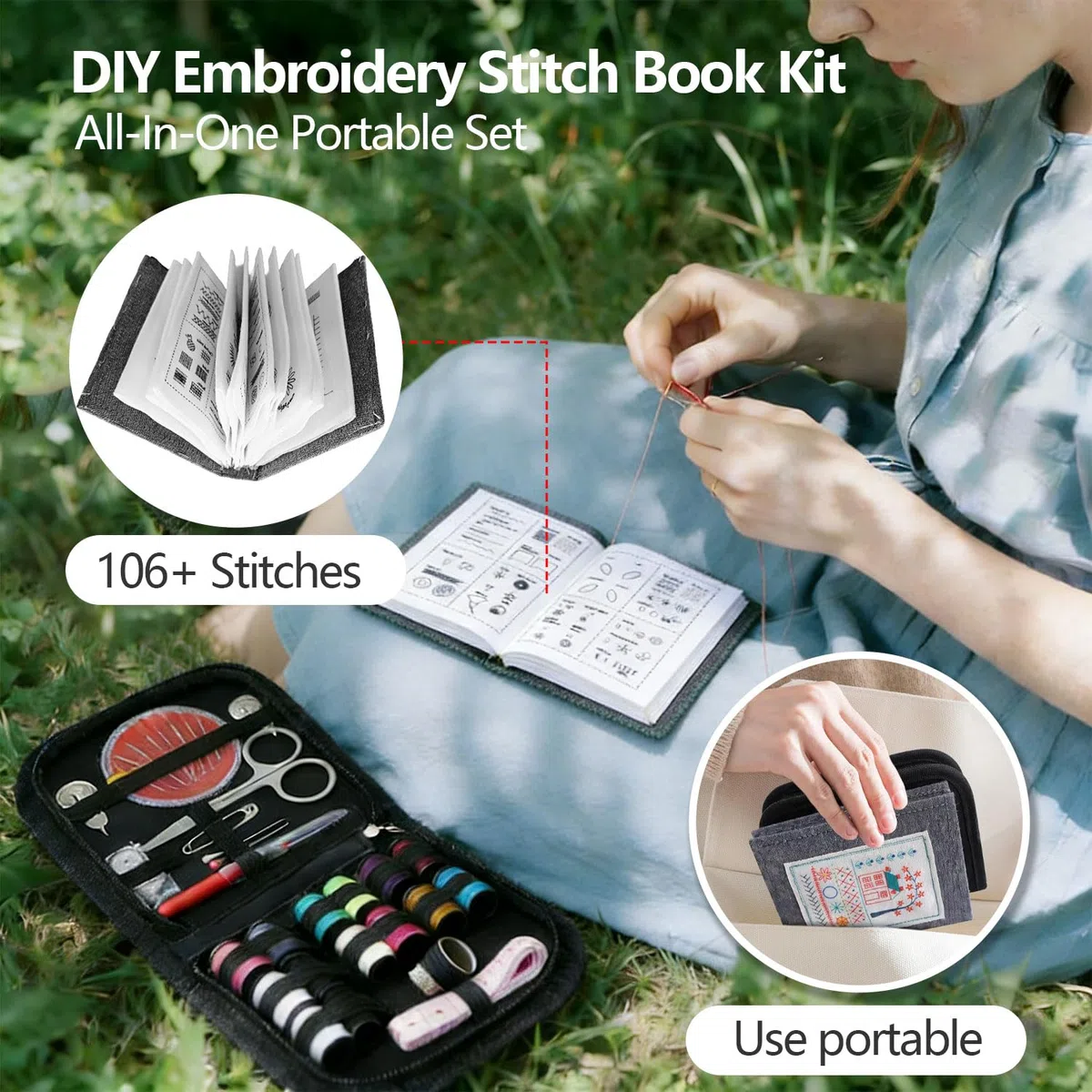 Libro di Ricamo Set Fai da Te in Lino Embroidery Stitch Book Libro da Ricamare Creativo con Kit Strumenti Cucire 106 Schemi Punti per Esercitarsi Mini Kit Ricamo Principianti Adulti e Appassionati