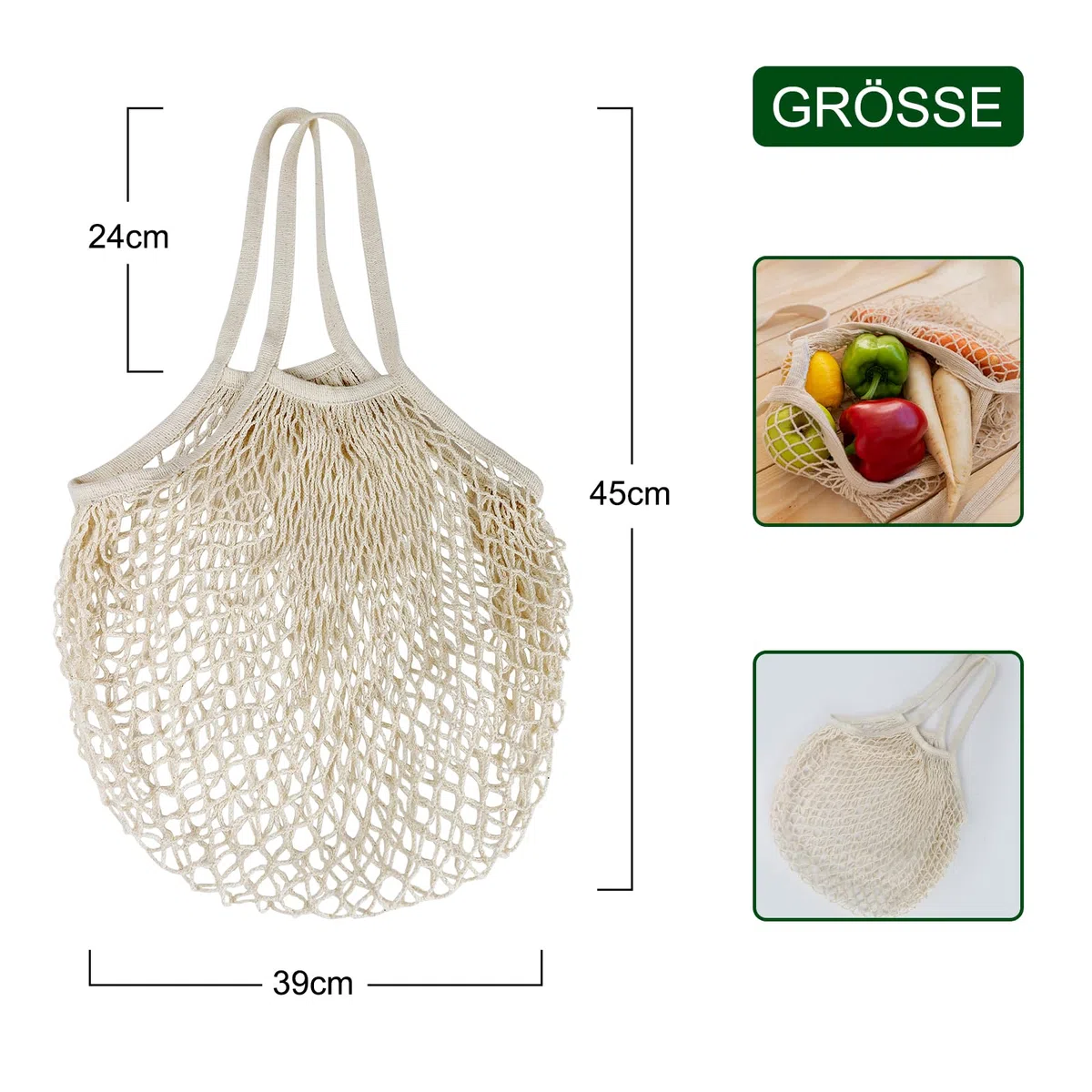 2 Pezzi Sacchetti in Rete Riutilizzabili per La Spesa,in Cotone, Con Manico Lungo, Borse per La Spesa Lavabili in Corda di Cotone Organico, per Conservare Frutta, Verdura, Vibo,Beige