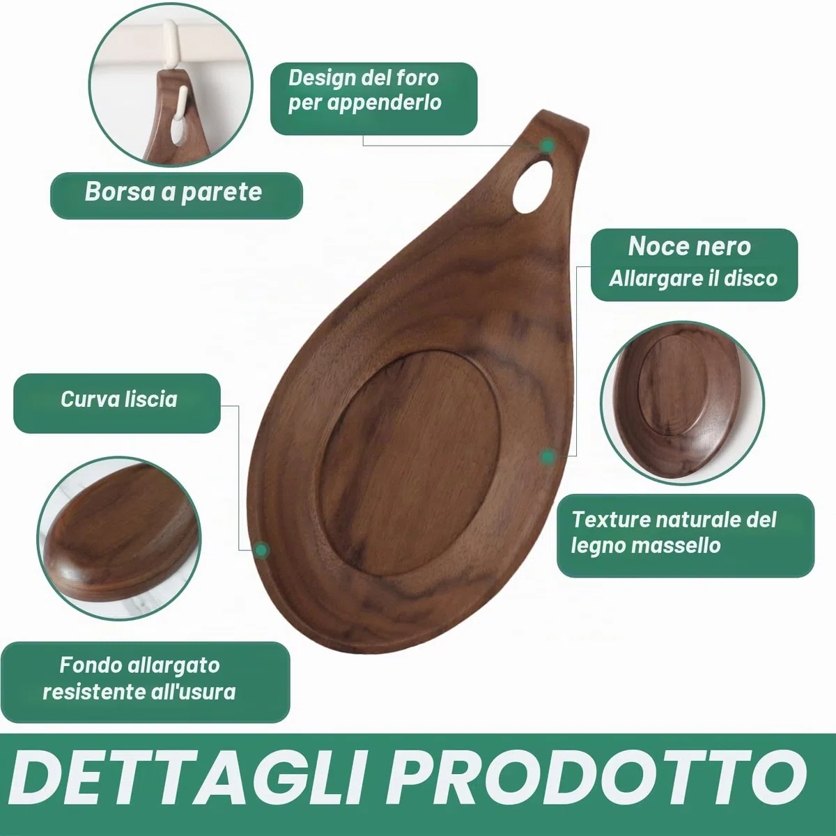 Poggia Mestolo Cucina,Apoggia Cucchiaio in Legno Naturale,Appoggia Mestoli da Cucina,per Ristorante Domestico (noce-1Pcs)