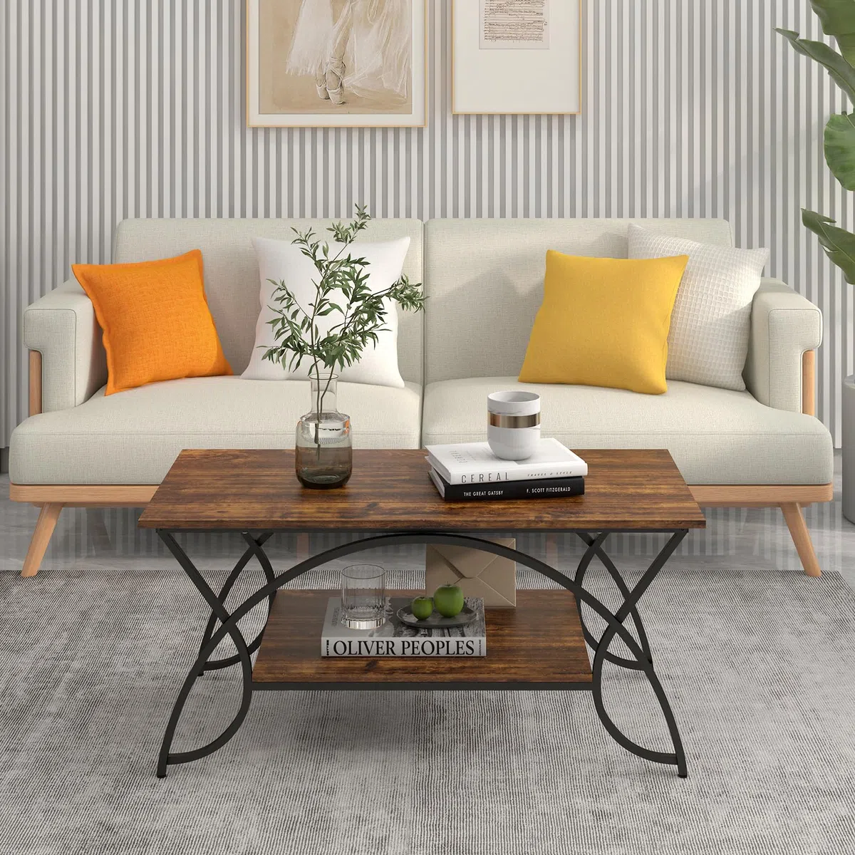 GIANTEX Tavolino da Caffè Oro, Tavolo da Salotto con Gambe in Metallo, Tavolino con Effetto Marmo per Soggiorno, Studio, Camera,110 x 50 x 46 cm (Marrone)