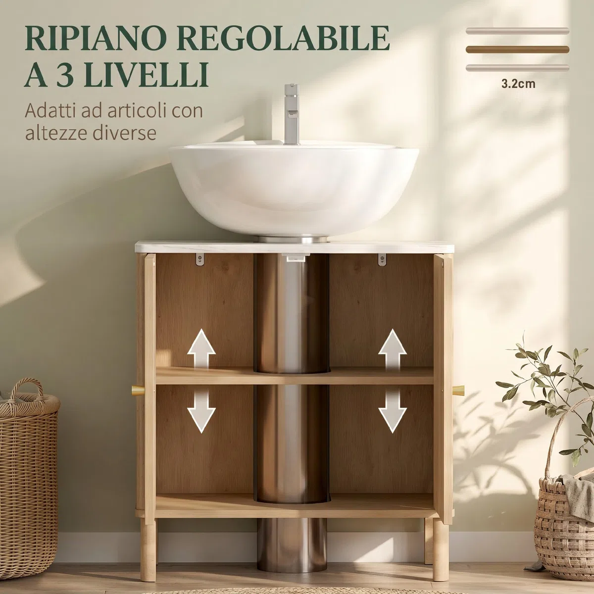 HOMCOM Mobile Sottolavabo con 2 Ante Decorate, Mobiletto Bagno con Ripiano Effetto Marmo e Mensola Regolabile Sotto Lavabo, adatto per Lavabi Con o Senza Piedistallo, Rovere