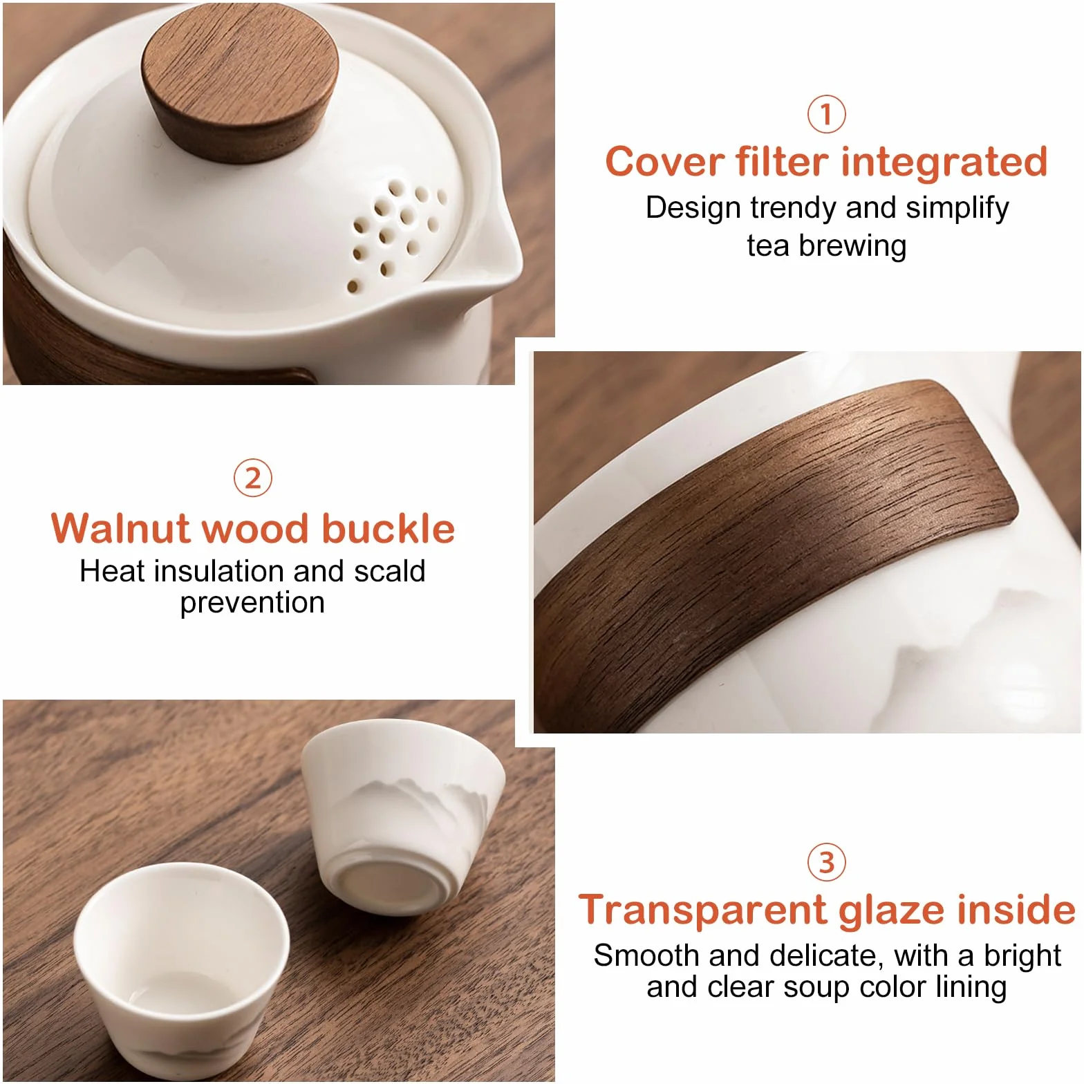 BAIFULAI Set da tè cinese Gongfu: set da tè portatile in ceramica con 1 teiera (200 ml) e 3 tazze (45 ml), servizio da tè in porcellana con borsa da viaggio per picnic all'aperto, viaggi, casa (bianco