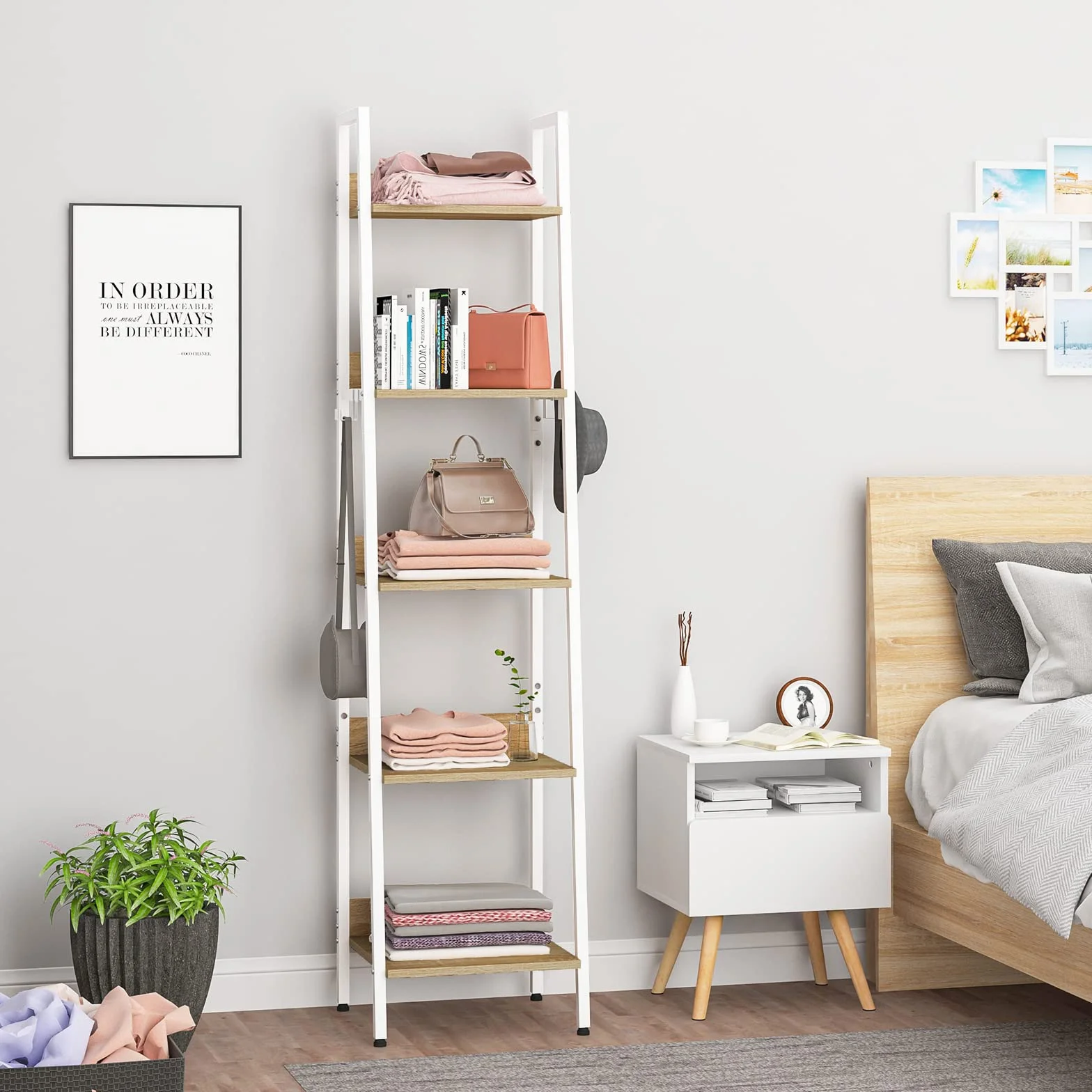 WOLTU Libreria a 5 Ripiani, Scaffale con 4 Ganci Industriale, Scaffale a Scala in MDF e Metallo per Soggiorno, Cucina, Studio, Ufficio,Bianco, 40x36x170cm RGB9289whe