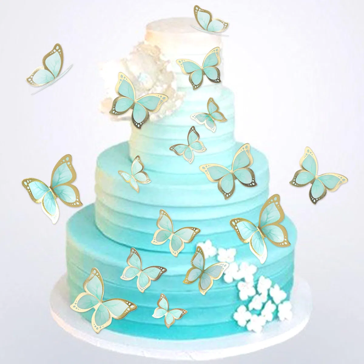 Blumomon Accessori per torta 3D con farfalle, decorazioni, bordo in oro verde, dimensioni miste, topper per cupcake a farfalla, matrimonio, baby shower, matrimonio, anniversario, compleanno, festa,
