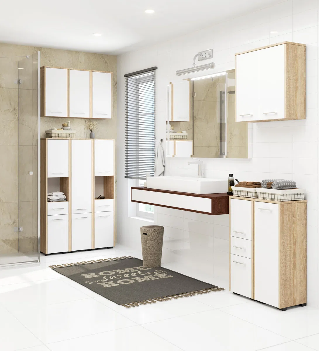 AKORD Mobiletto Bagno Sospeso FIN 64 cm - 2 Ante Basculanti 4 Ripiani - Pensile Salvaspazio da Parete - Laminato Opaco - Mobile Modulare - 64x94x30 cm - per Spazi Ristretti - Rovere Sonoma & Bianco