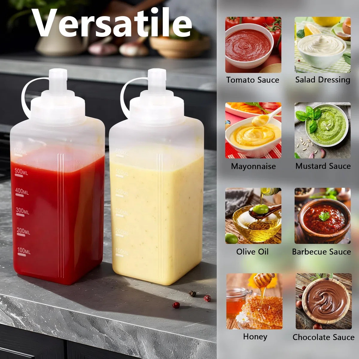 4 Pezzi Bottiglia Squeeze di Plastica, 600ml Bocca Grande Biberon Cucina Professionale con Tappi, Pennello di Pulizia, Imbuto, Squeeze Bottle Sauce per Ketchup, Senape, Mayo, Olio, Salse
