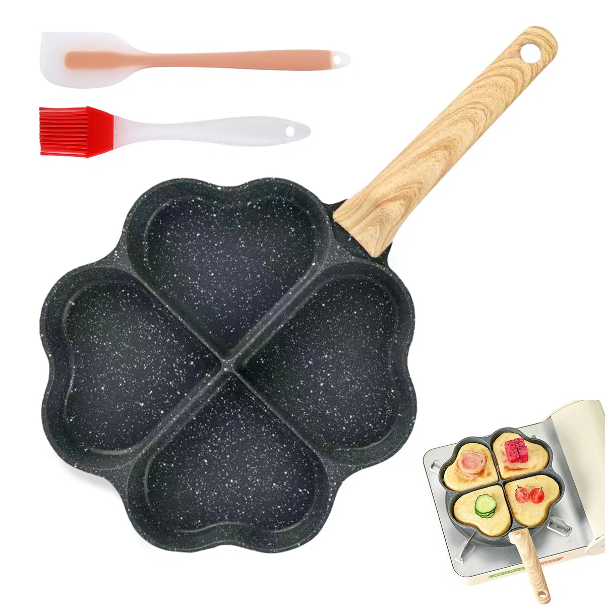 Padella per uova fritte con coperchio, a induzione, antiaderente, per pancake, piccole padelle a 4 fori, a forma di cuore, per colazione, uova fritte, bistecche, hamburger