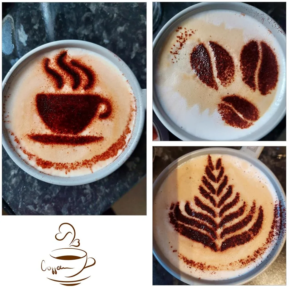 Stencil in acciaio inox a forma di caffè, 6 pezzi, per decorare cappuccino, latte e torte (stile 1)