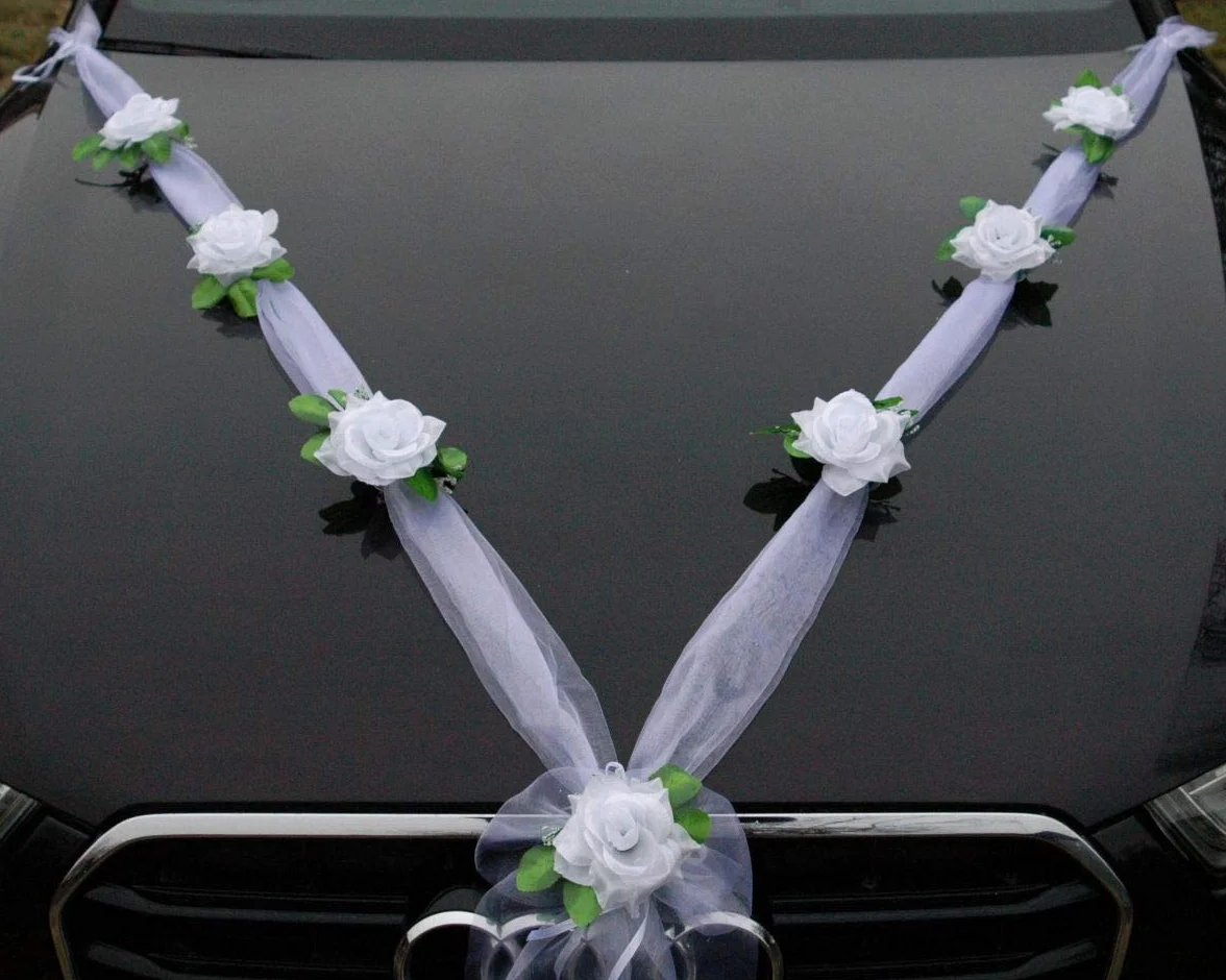 Organza M Auto Gioielli Sposa Coppia Rose Decorazione Organza M Matrimonio Car Wedding Decorazione Ghirlanda Auto (Bianco Puro/Bianco)