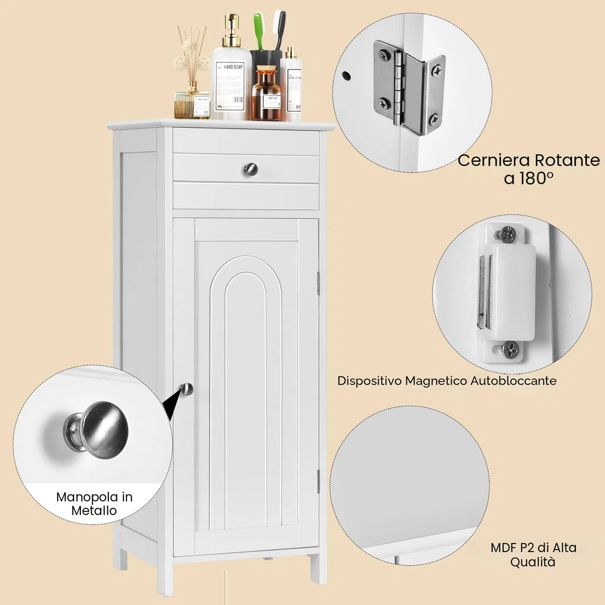 LIFEZEAL Mobiletto Bagno Salvaspazio, Mobiletto Multiuso in Legno 35,5 x 30,5 x 88cm, Mobile Bagno con Cassetto e 1 Porta, Armadietto da Terra con Ripiani Regolabile per Cucina e Soggiorno, Bianco