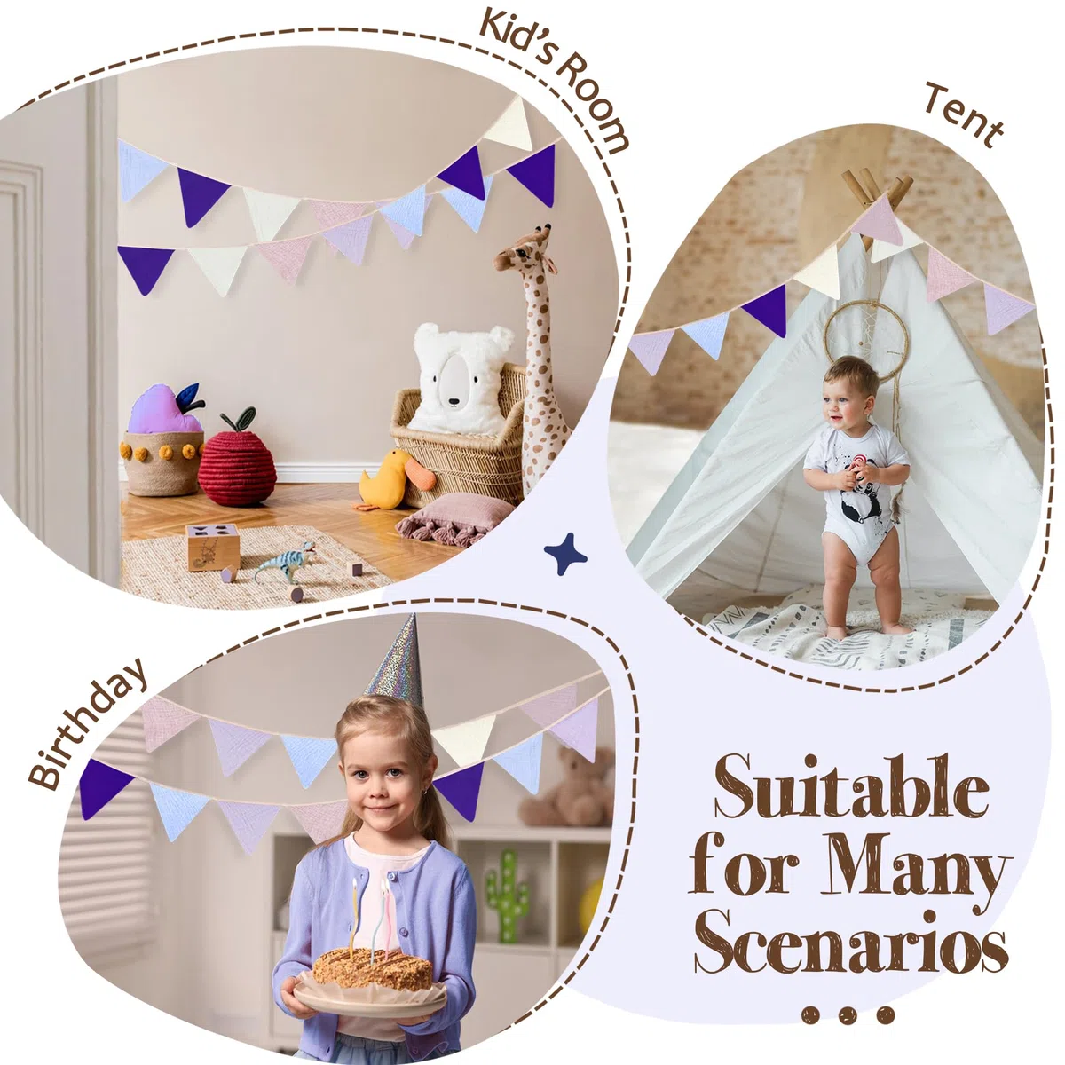 Bandierine per Cameretta dei Bambini, 2.8M Bandierine Colorate in Tessuto, Ghirlanda per la Cameretta dei Bambini, Decorazione da Parete per feste e compleanni (viola)