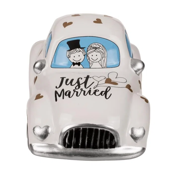 Salvadanaio auto matrimonio in ceramica. Salvadanaio Just Married con coperchio e chiave.