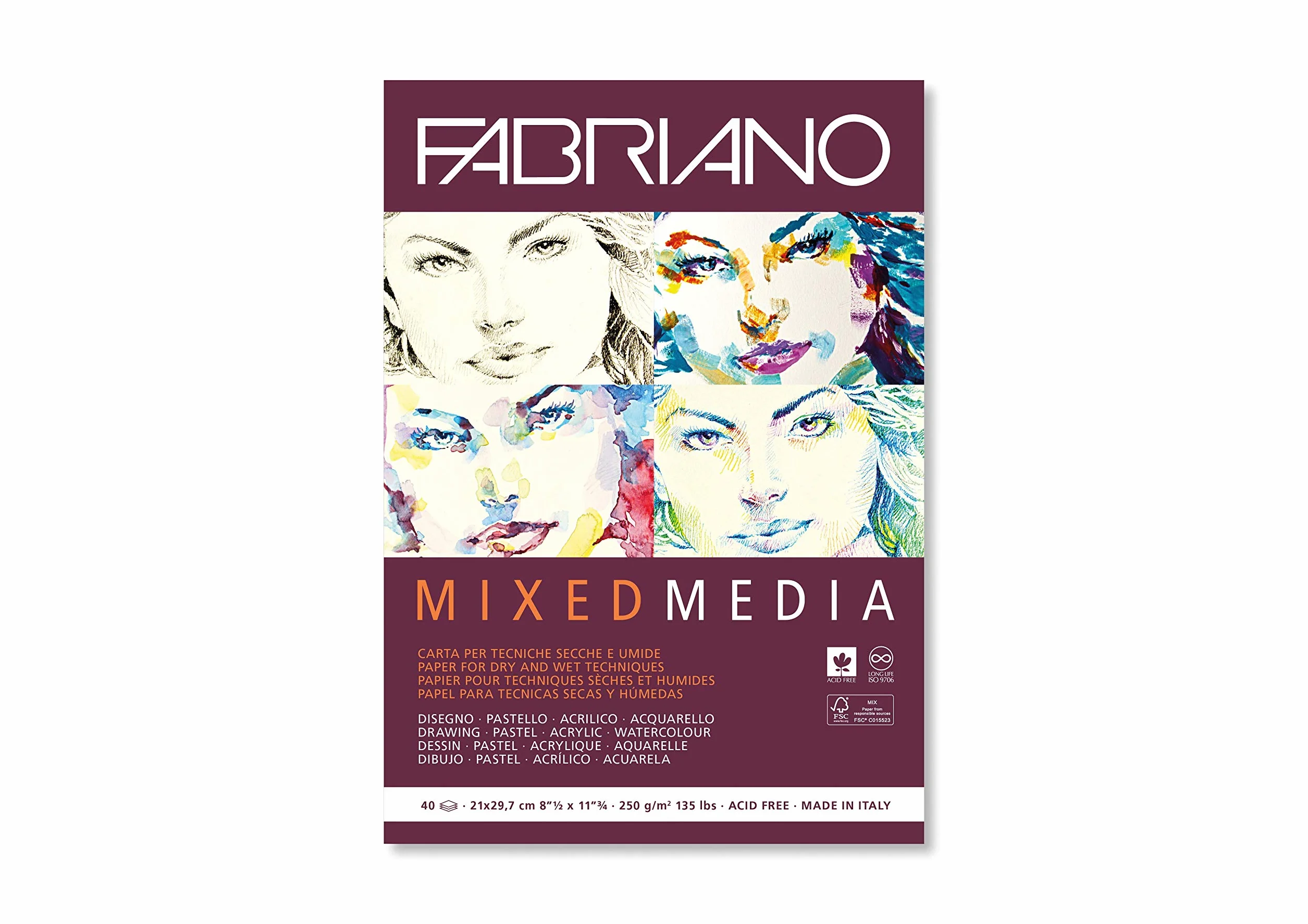 Honsell 19100381 Fabriano Mixed Media - Blocco di carta artistica, formato DIN A4, 40 fogli da 250 g/m², adatto per tecniche di pittura bagnata e asciutta