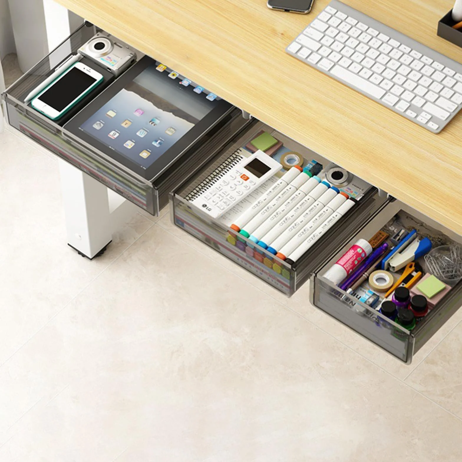 Set da 3 Cassetto Sotto Scrivania, Organizer Nascosti per Cassetti Sotto Scrivania - Organizer per Cassetti da Scrivania Ideali per Ufficio, Scuola e Cucina