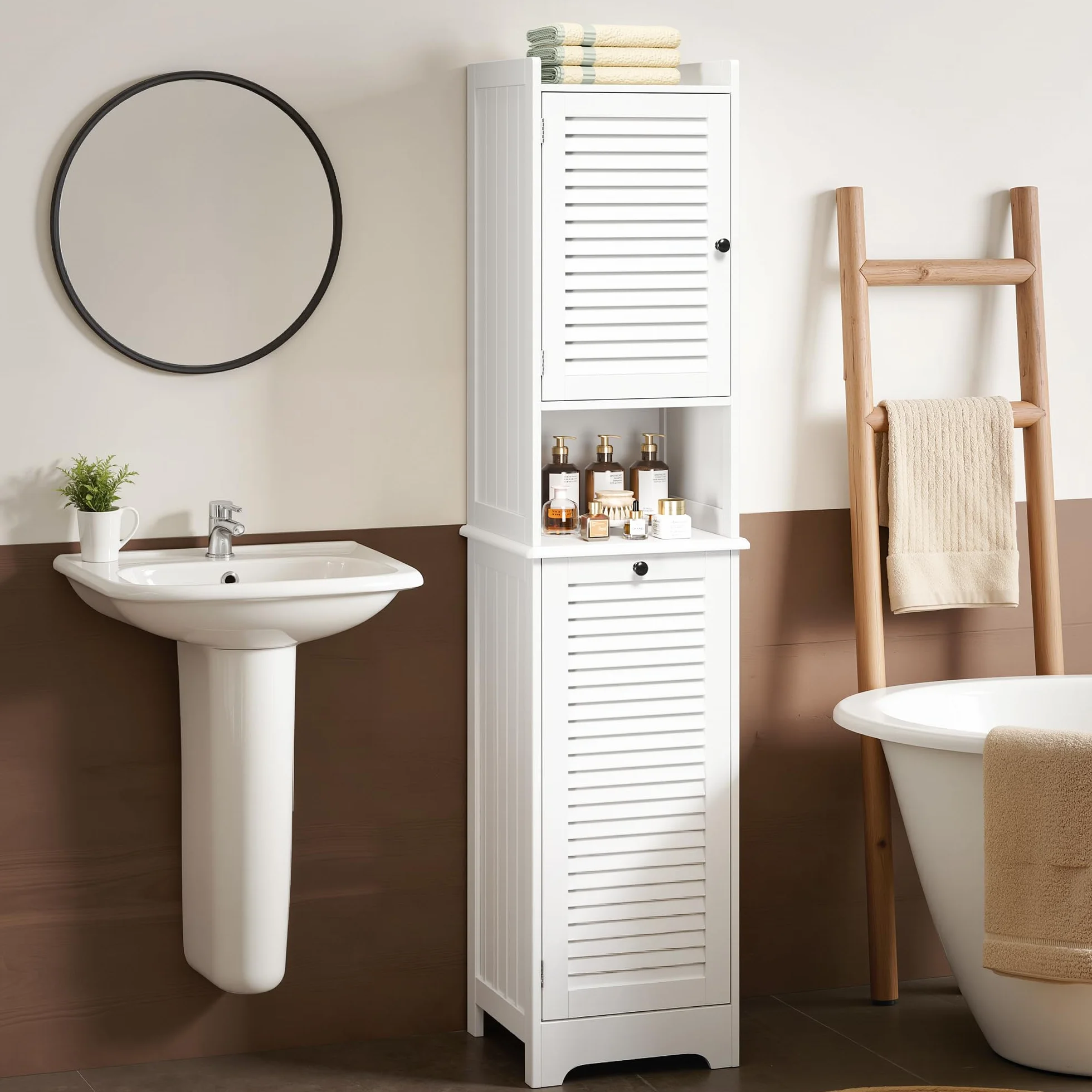Xbro Mobile Salvaspazio Alto da Bagno con 2 Ante a Lamelle, 3 Ripiani e Cesto Portabiancheria, Multiuso per Cucina, Soggiorno e Bagno, 40x37x170 cm, Bianco