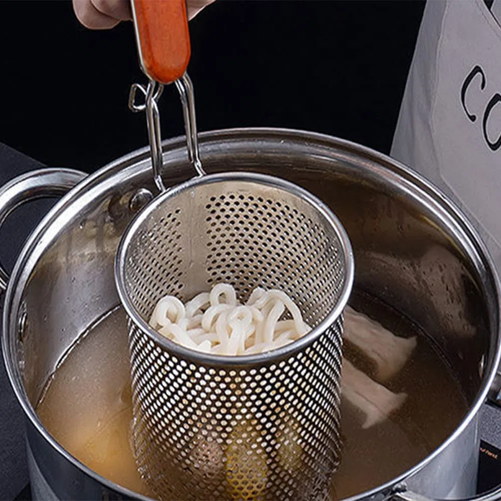 TENTA KITCHEN Micro-Perforated Stainless Steel Pasta Basket Mesh Spider Food Dumpling Noodle Strainer, Skimmer Kitchen Fine Sieve with Wooden Handle (4.72 inch)