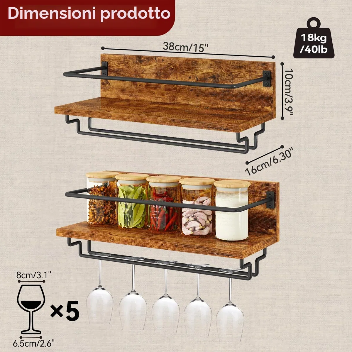 IBUYKE Portabottiglie da Parete,Porta Vino in Legno,Set da 2,Porta Calici da Parete,Multifunzione Mensola Parete per Cucina, Sala da Pranzo, Bar, Marrone Rustico TMJ910H